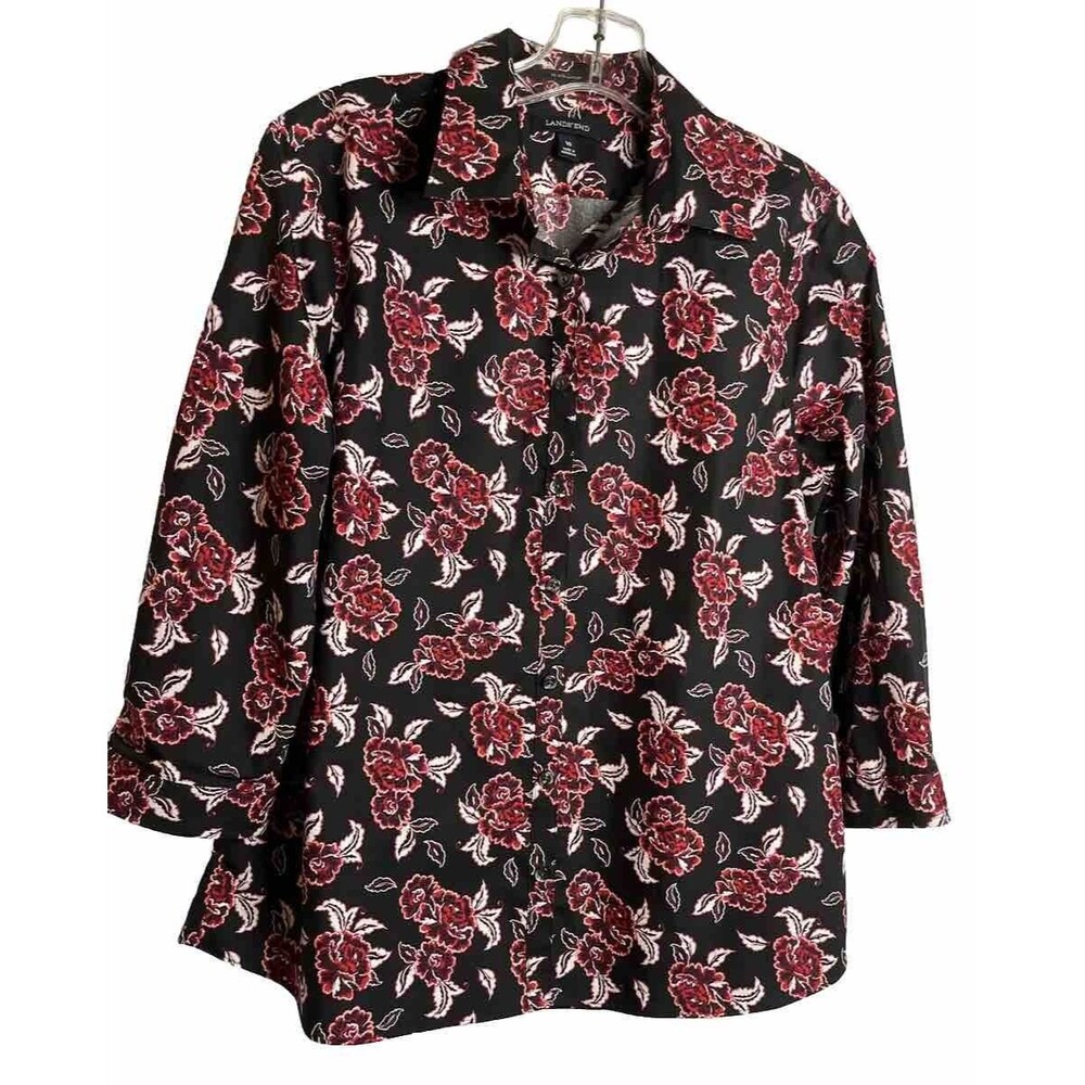 Lands End Women’s No Iron Women’s Floral Button Up Blouse Size 10 Suprima Cotton - Picture 2 of 8